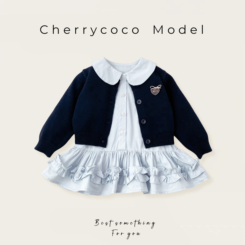 Cherrycoco Girls Spring & Fall New Miu Heart Knitted Cardigan Shirt Dress Two-Piece Set