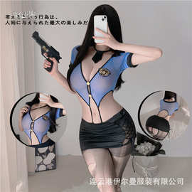 情趣内衣女警制服cos连体套装性感镂空绑带秘书包臀裙火辣透视V领