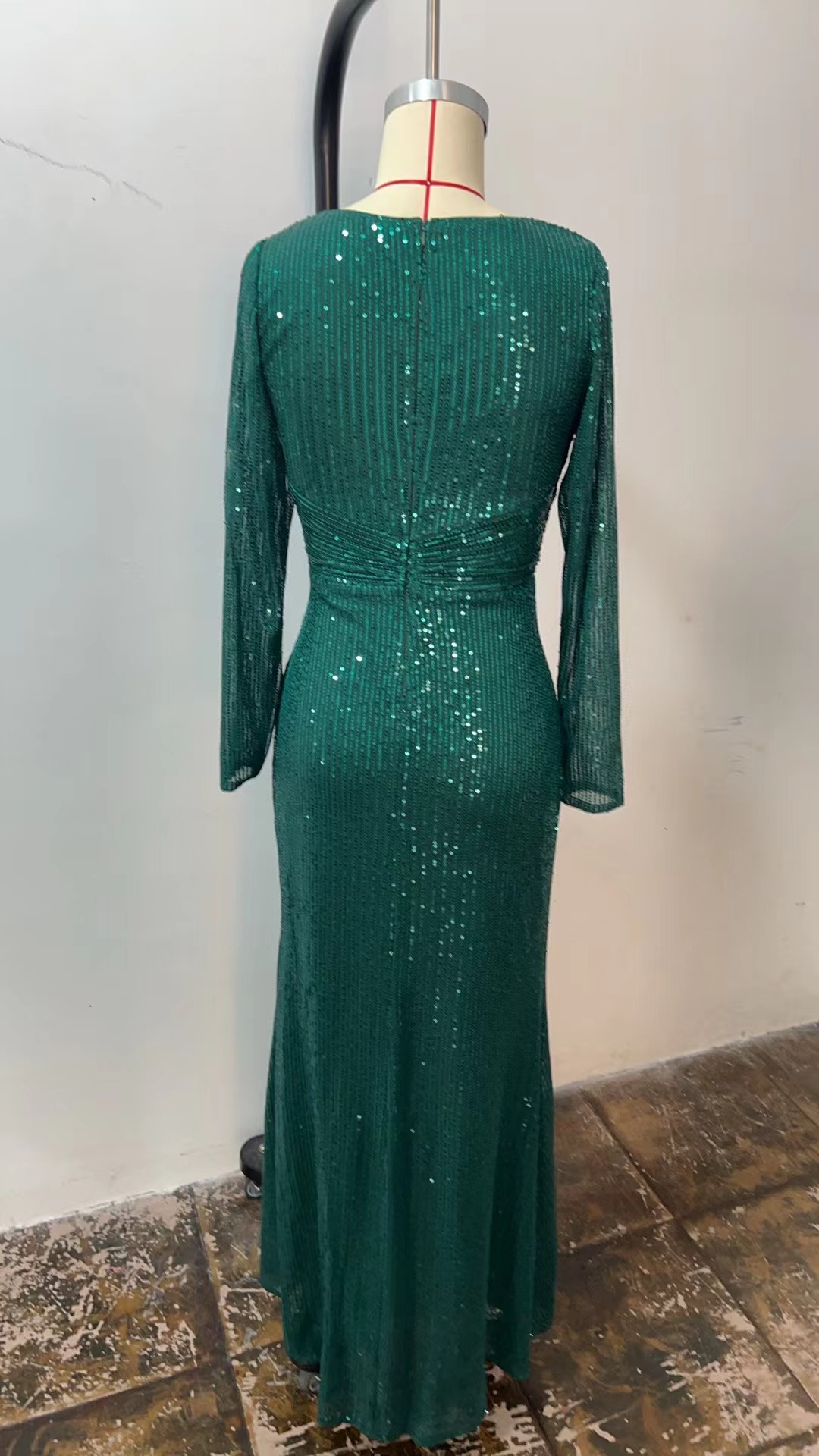 Elegantes Langarm Pailletten Abendkleid Für Damen Einfarbig_voghion.com