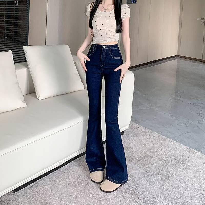 2026 New Model Women's Retro Dark Blue Flared Jeans, Mid-Waist, Stretchy, Slim-Fit, Versatile Bootcut Pants