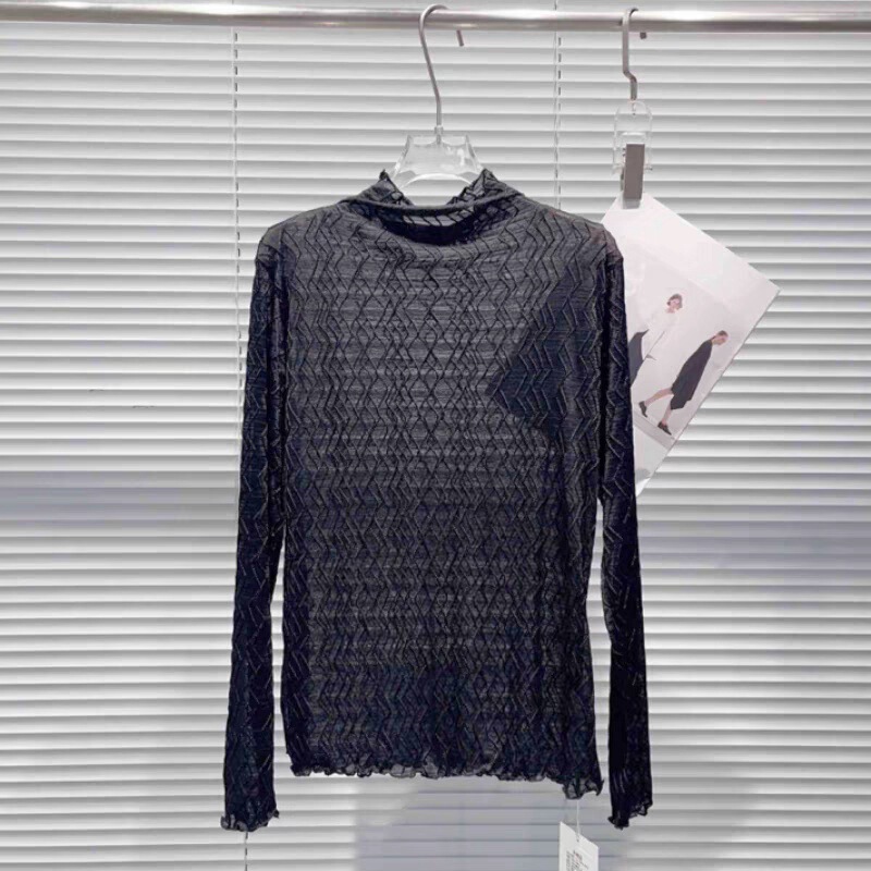 Black mesh lace turtleneck base shirt, thin sheer lace blouse, autumn and winter women's clothing, wholesale and dropshipping available