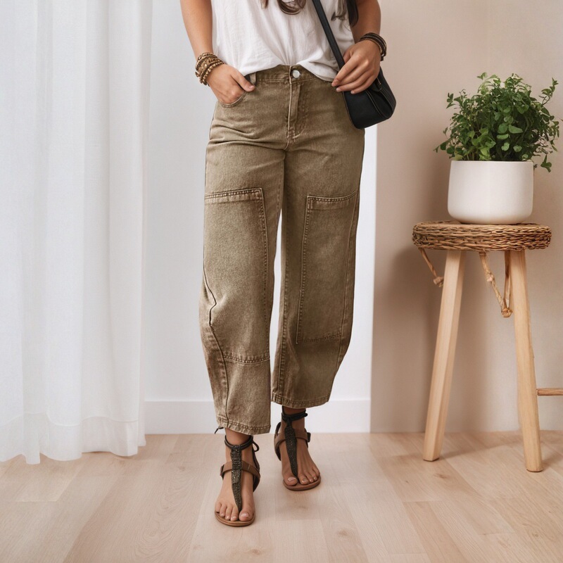 Cross-Border European and American Style Barrel-Shaped Jeans Wide-Leg Loose Casual Fit Nine-Point Jeans Dark Brown Denim