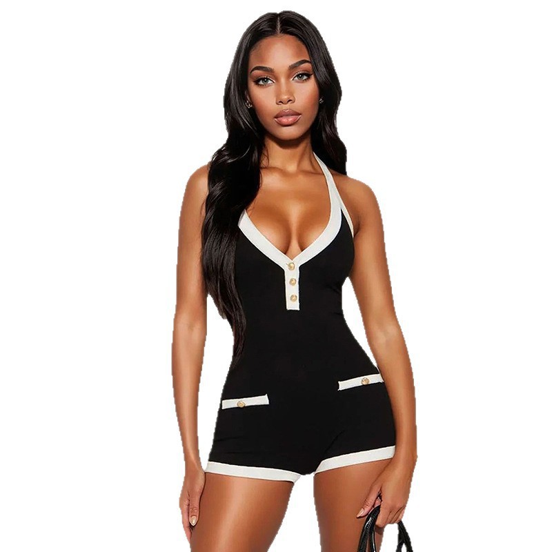 2025 transfronterizo europeo y americano nuevo estilo moda de mujer blanco y negro contraste sexy con cuello en V halter halter espalda extracorta mono mujer