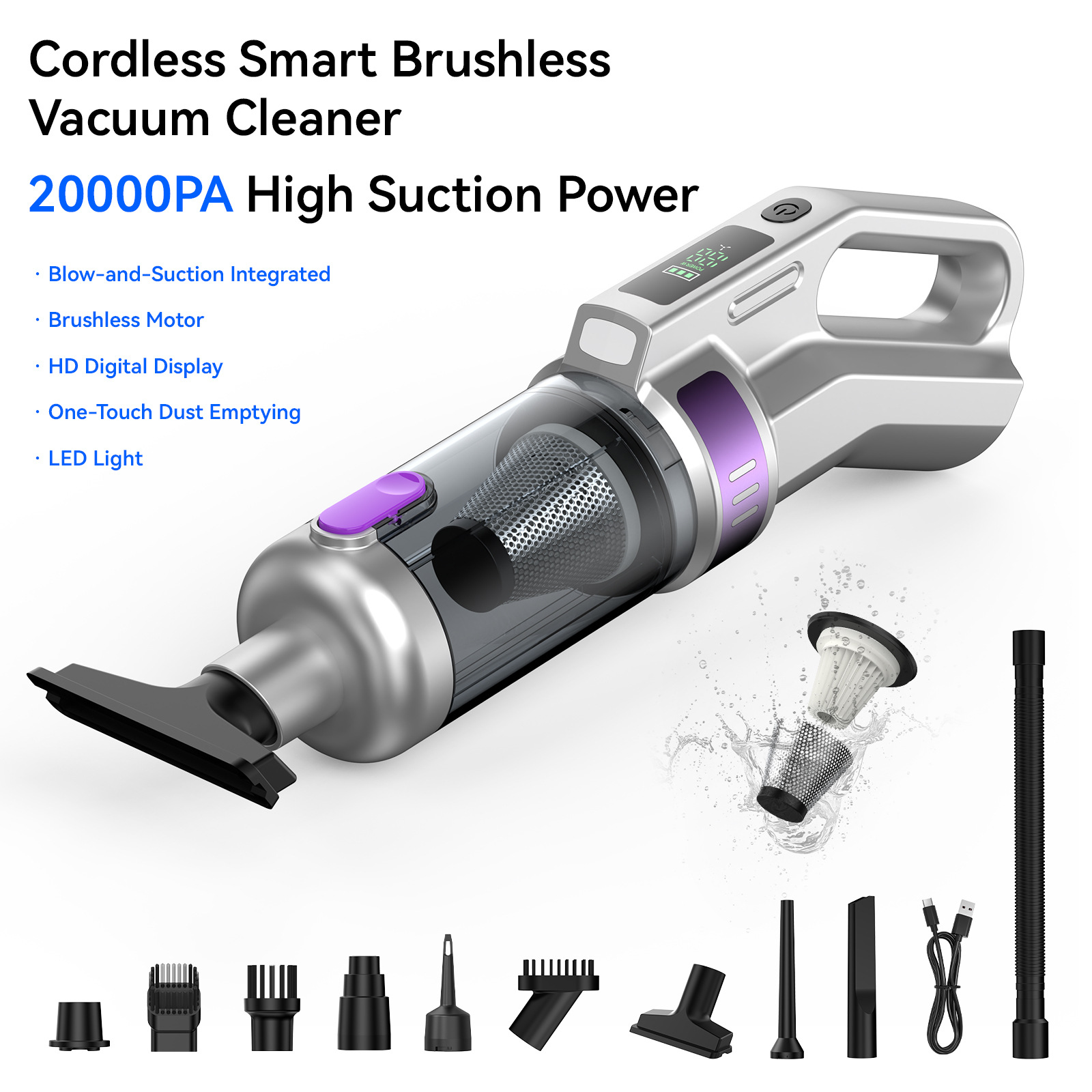 Car-mounted wireless vacuum cleaner, handheld portable digital display floor mop, multifunctional dust-absorbing and air-blowing device for home and car use