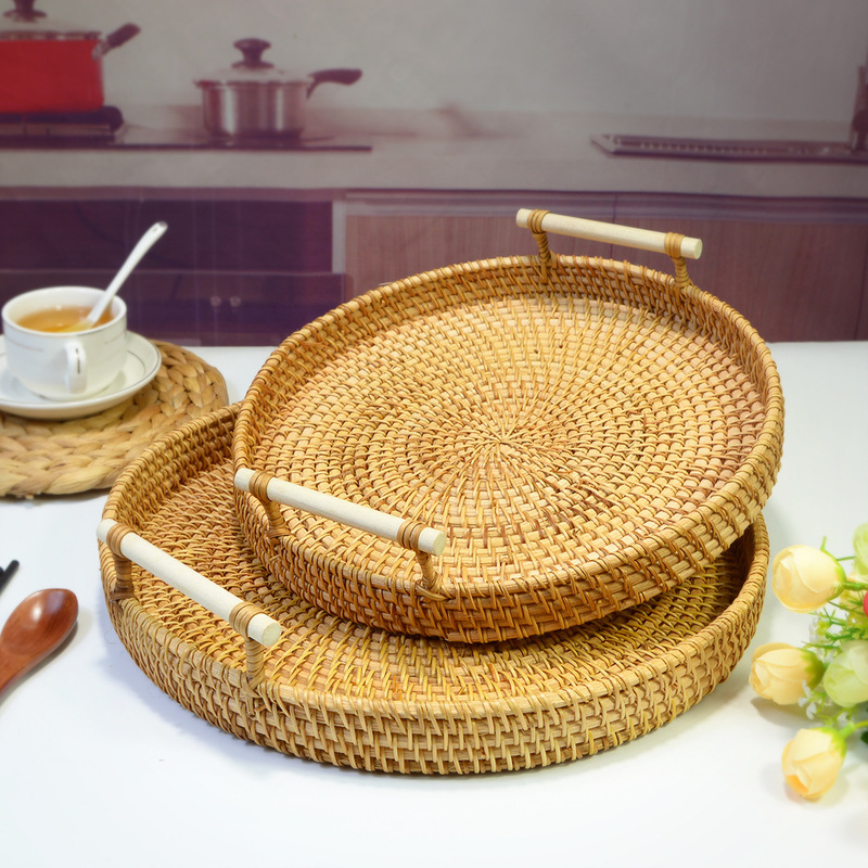 Rattan Handle Tray, Dessert Tray, Afternoon Tea Fruit Tray, Tea Set, Hotel and B&B Catering Decoration Snack Tray
