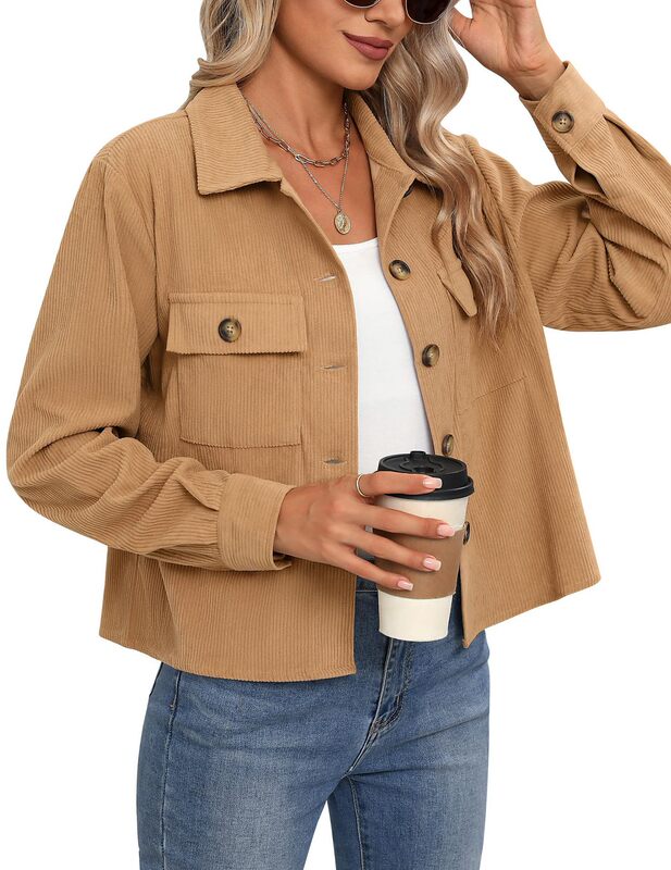 Amazon 2024 ホットスタイルヨーロッパとアメリカの女性のファッションカジュアルショートシャツコーデュロイボタンへそ出しジャケットトップ|undefined