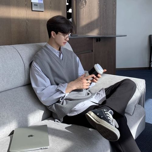 Men's Loose Knit Vest Outerwear, Fashionable Student Sweater Backless Cardigan Top, Autumn Style