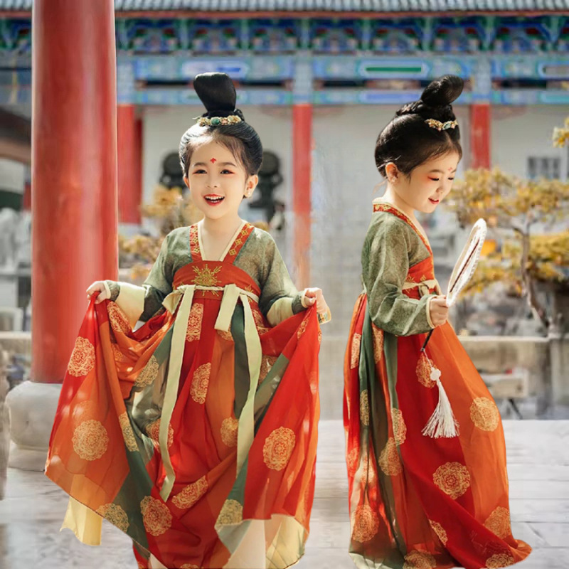 New Han Dynasty Women's Kidsren's Dunhuang Tang Dynasty Princess Girls' Ancient Costume Dress and Skirt Ancient Style Girls' Spring & Fall Suit