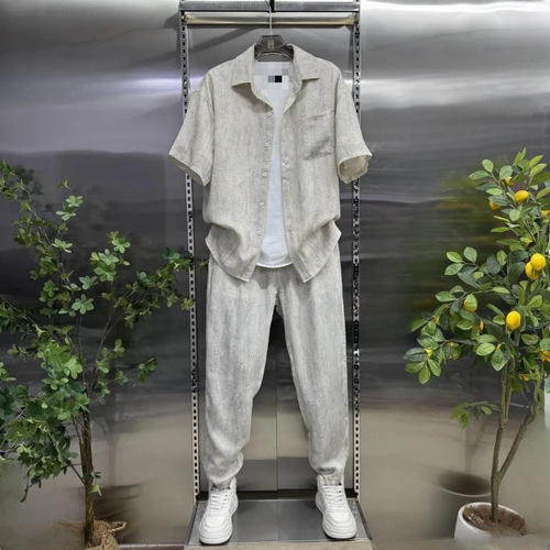 Men's 2025 Summer New Casual Set: Collared Shirt and Long Pants Two-Piece Set, Comfortable and Versatile Sports Suit