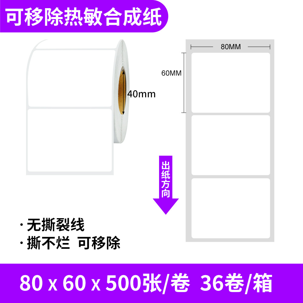 Removable thermal synthetic paper; 80x60x500 sheets/roll