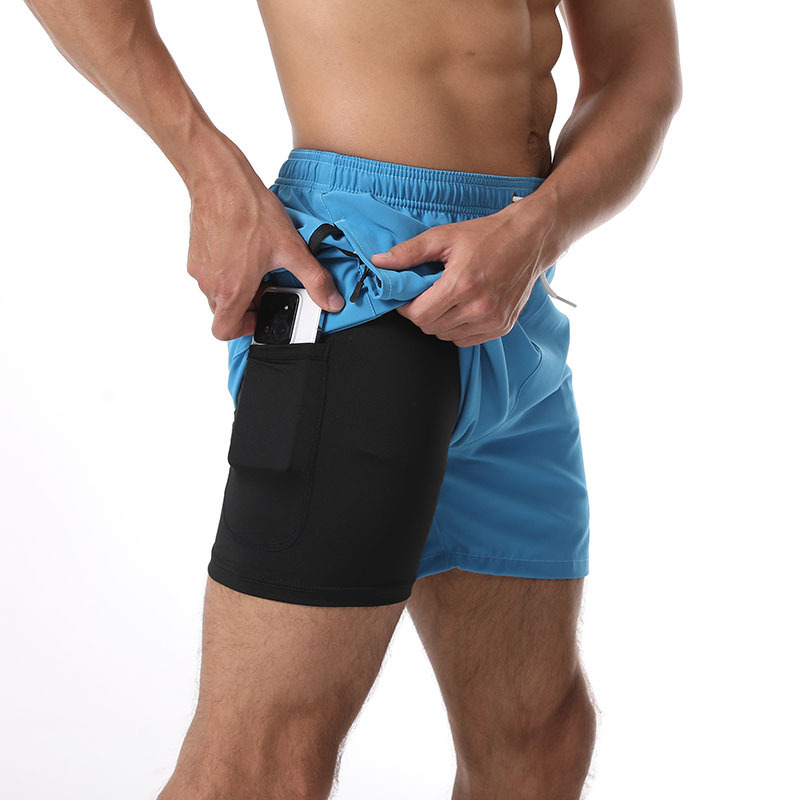 New Men's Quick-Drying Sports Shorts with Double-Layer Design, Zipper Phone Pocket, Running, Fitness Training, Beach Shorts