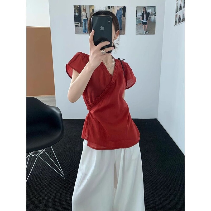 2026 Korean Dongdaemun Summer Fashion New Style Elegant Lace Collar Cross-Over French-Style Shirt Top