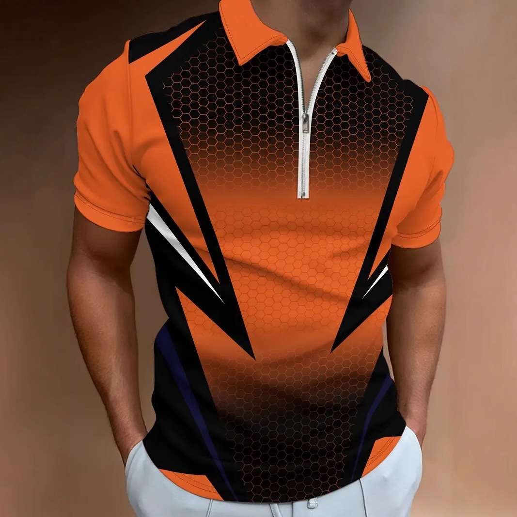 Camisa POLO con cremallera de manga corta transpirable con solapa suelta para hombre con estampado 3D de patrón geométrico degradado para hombre de negocios