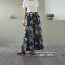 2025夏款复古水洗印花树叶天丝薄款牛仔长裤女松紧腰大码阔腿裤