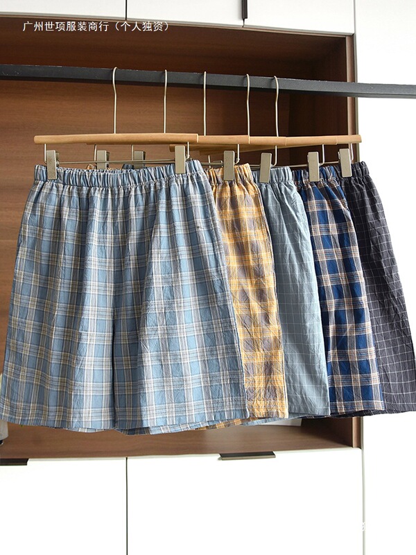 Summer Men's Pure Cotton Elastic Waist Home Shorts Japanese Style Plaid Thin Casual Sleep Shorts with Pockets, Suitable for Wearing Outside, Plus Size