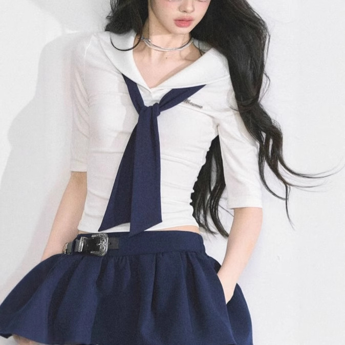 Nautical Log % American College Style Short Sleeve Shirt Women's Summer Waist Slimming Hot Girl White Top