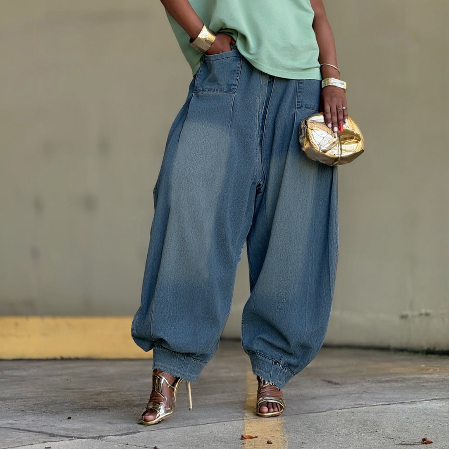 Jeans larghi e larghi da donna con vestibilità rilassata, modello Lantern, in denim elasticizzato, stile streetwear (blu, dalla S alla 3XL)_voghion.com