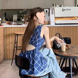 复古蓝色格子露腰吊带背心女夏季甜辣风漂亮别致收腰外穿无袖上衣