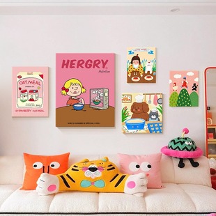 Dopamine Soft Pack Cream Style Living Room Decorative Painting Cartoon Sofa Background Wall Hanging Painting Cute Bedroom Combination Mural Painting