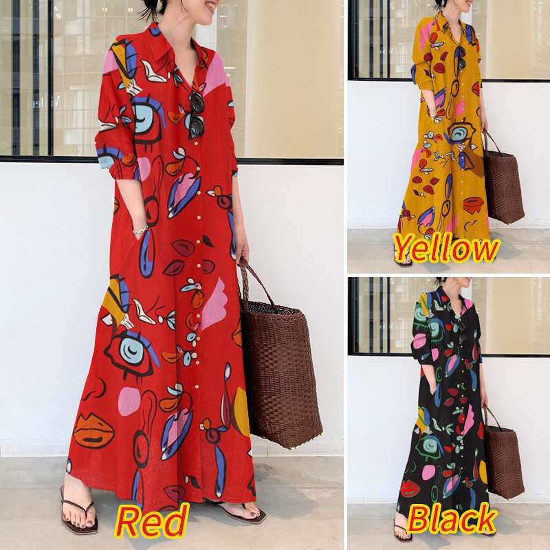 Long Sun Dress Women's 2024 Vintage Loose Long Sleeve Lapel dress Print Cardigan Long dress Bohemia