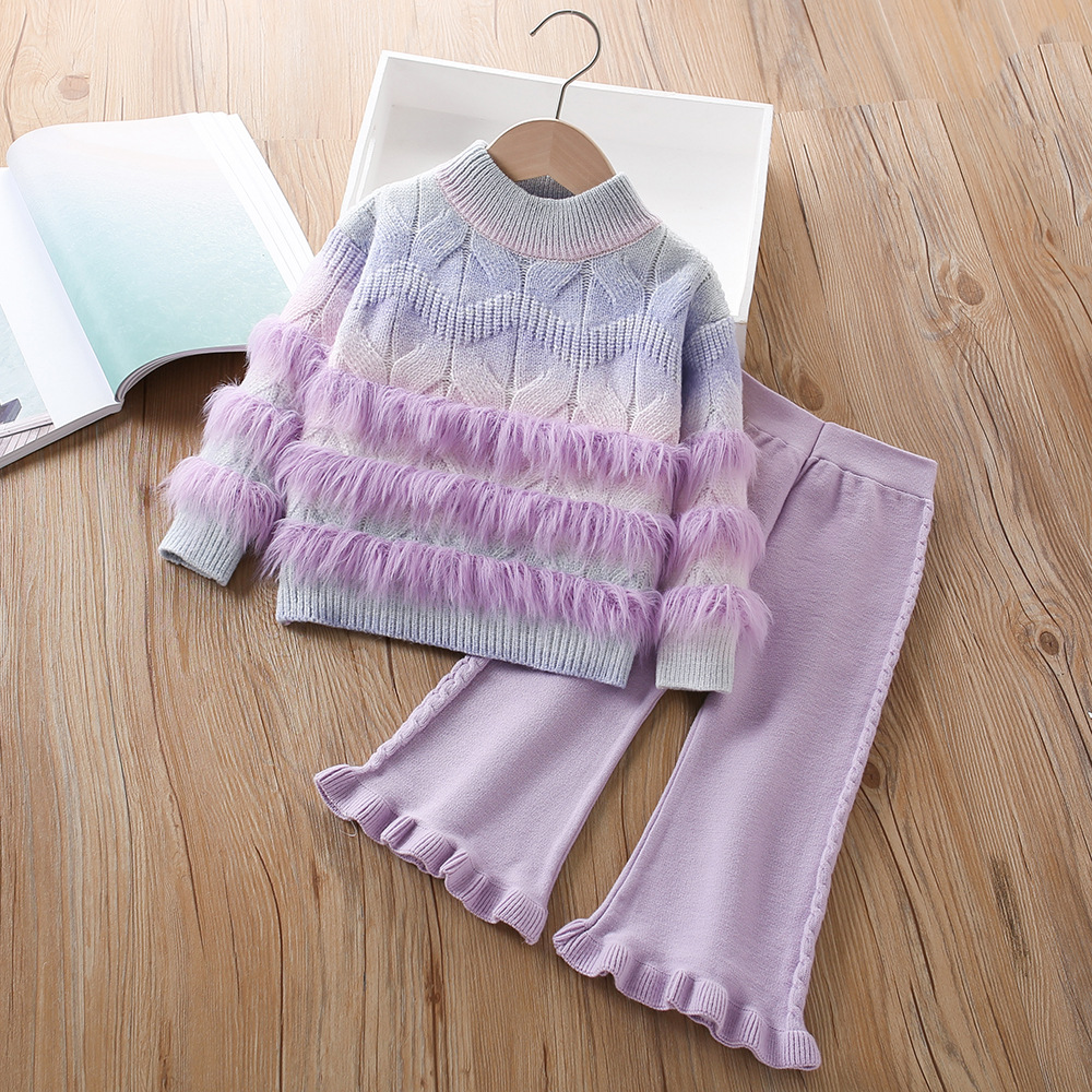 Conjunto de jersey de lana para niñas otoño-invierno 2024, dos piezas – estilo coreano y occidental.