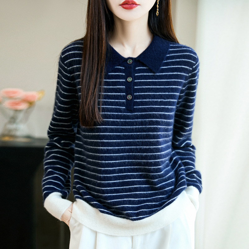 High-End Merino Wool Sweater Women's Autumn and Winter Clothing 2025 New Style Stripesd Versatile Polo Knitted Top