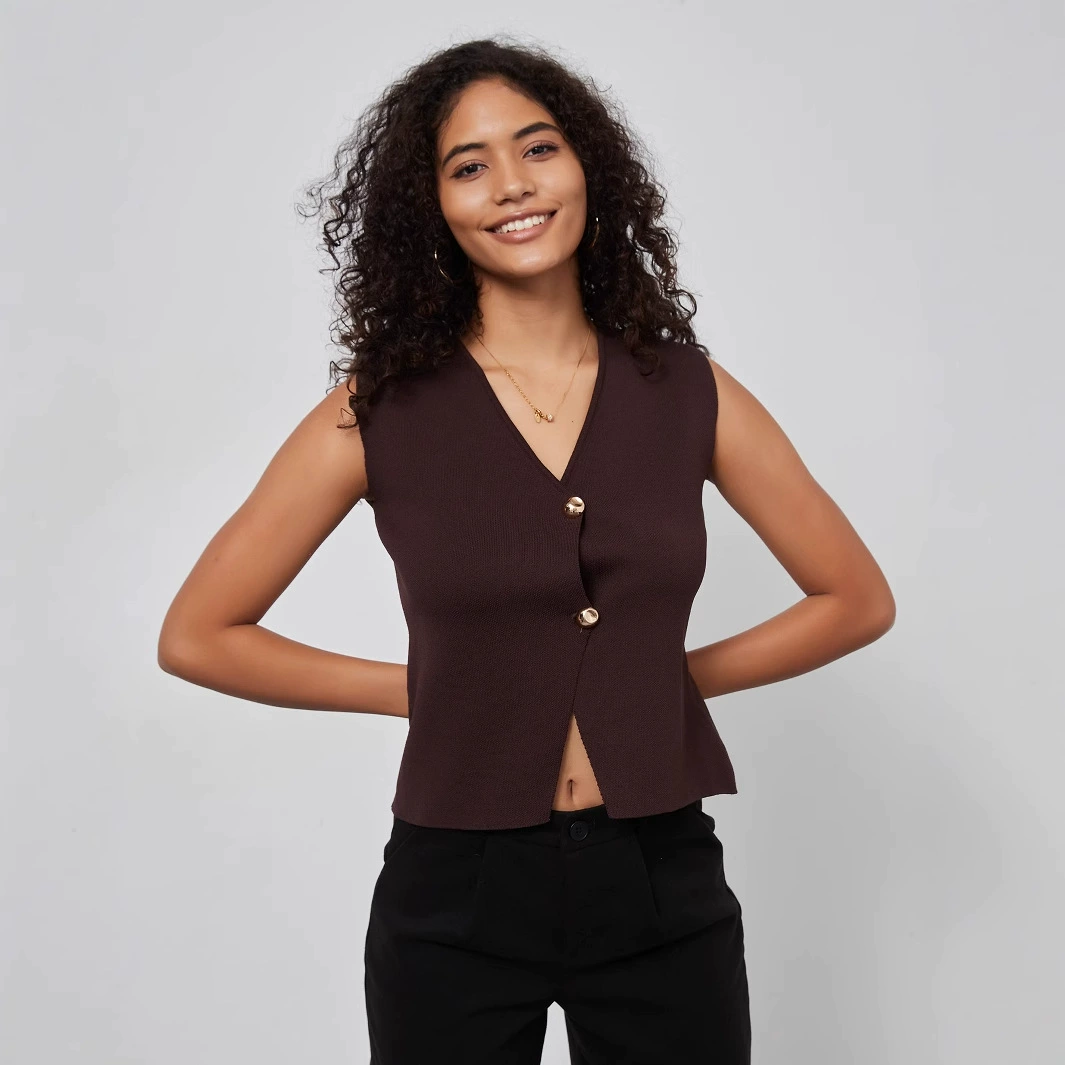 Трансграничная женская оптовая продажа в европейском и американском стиле тонкий тонкий с открытым дизайном V-образный вырез с двумя пряжками трикотажный жилет блузка