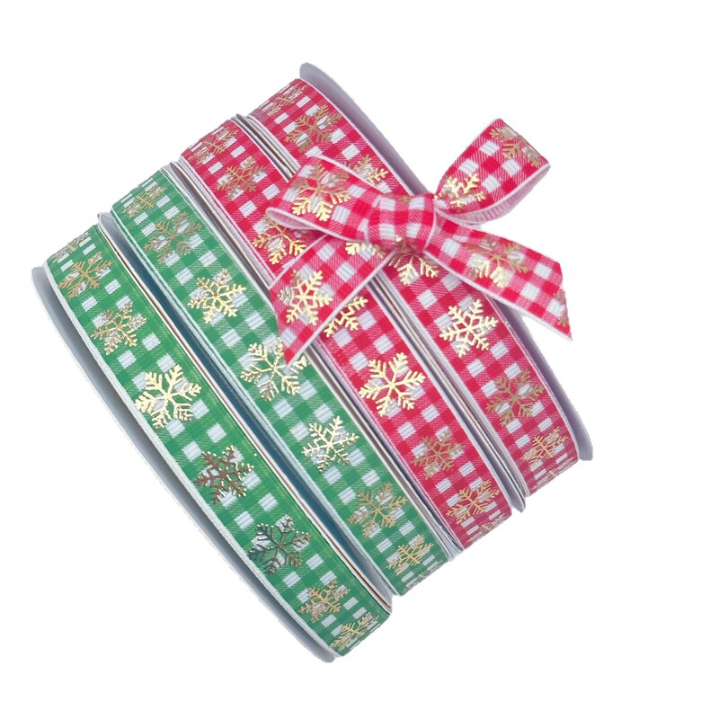 Cross-Border Popular Christmas Ribbon Plaid Snowflake Ribbon Holiday Decoration Ribbon Christmas Tree Hanging Decoration Ribbon 1.5cm