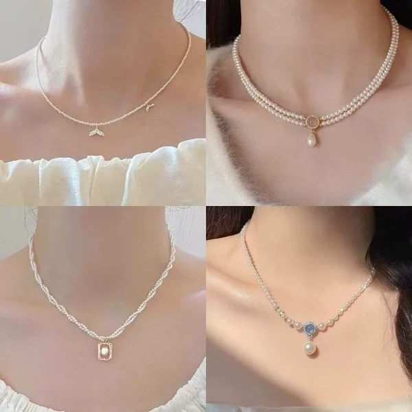 French-style aquamarine imitation pearl necklace for women, elegant and unique, 2025 new popular model, double-layered sweater chain