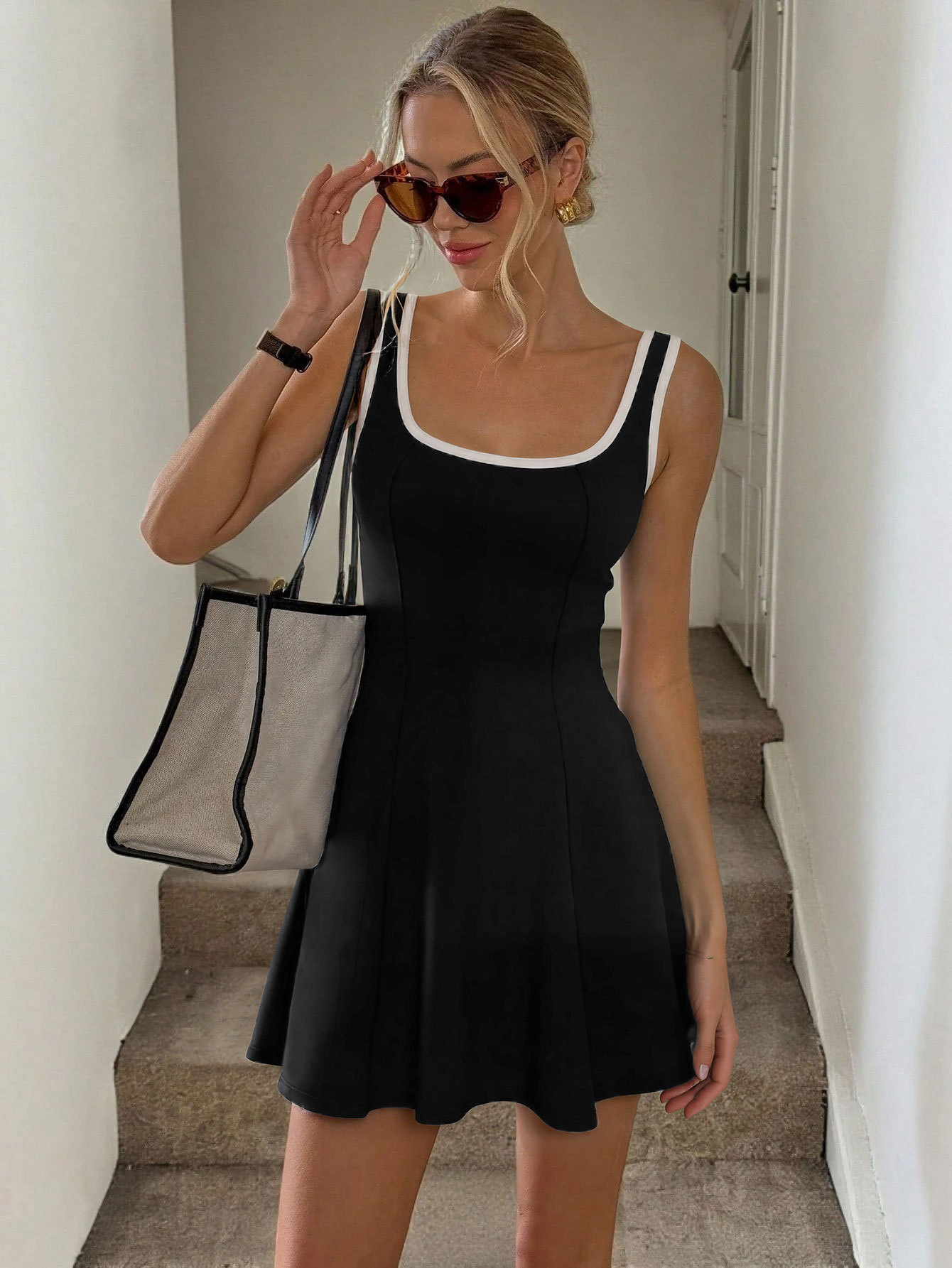 Sporty A Line Tennis Dress Sleeveless U Neck Color Block Slim Fit Summer Casual Wear Wholesale Available