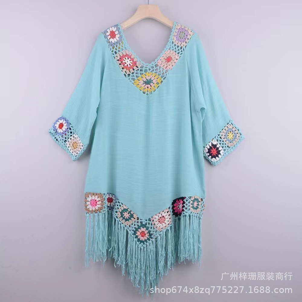 Transfronterizo nuevo fuera del hombro tres cuartos manga gancho flor costura borla irregular playa anti-DDoS blusa estilo étnico vestido image 15