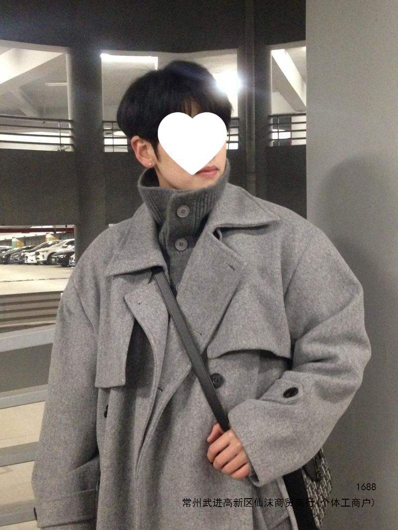 Men's gray woolen overcoat, mid-length, Korean style, trendy trench coat, Cthulhu office woolen coat.