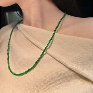 Myanmar Dry Green Jade Necklace Ice Transparent Yang Green Millet Bead Clavicle Chain Spicy Green Jade Treated Round Bead Necklace