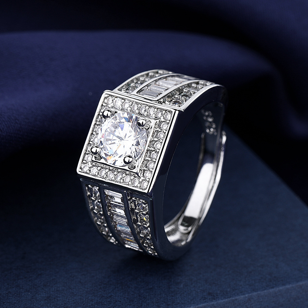 Cross-Border Wish Hot-Selling Jewelry Luxury Inlaid with Ladder-Shaped European and American Men's Diamond Rings Fashionable New Wedding Rings Ready for Sale