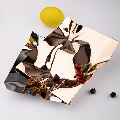 Creative stainless steel fruit plate model room living room decoration jewelry storage metal tray wavy pattern irregular fruit plate