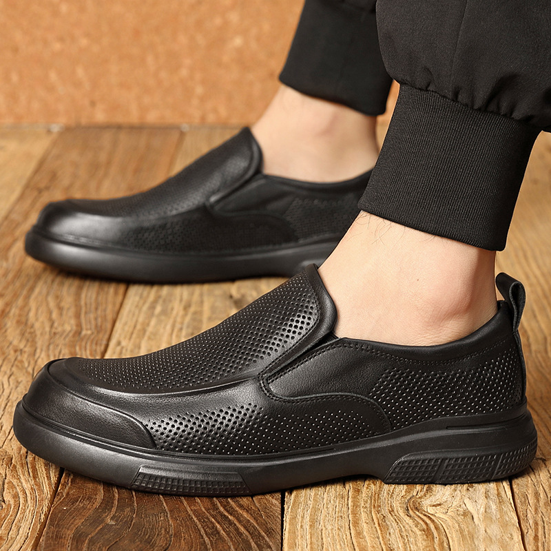 Slip-On Genuine Leather Men's Shoes, First-Layer Cowhide, Versatile, Breathable, Soft-Soled Business British Casual Round-Toe Men's Leather Shoes