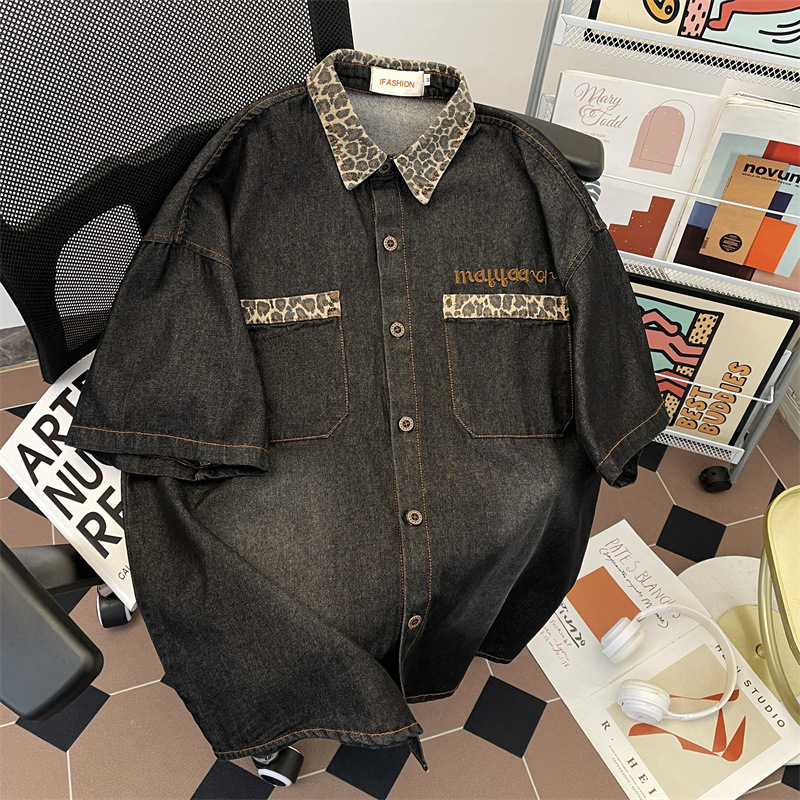 Trendy Brand Design Leopard Print Lapel Denim Short-Sleeved Shirt for Men and Women European and American Style Loose New Casual Distressed Shirt