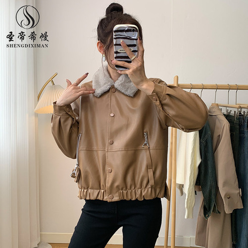 Autumn and winter short leather jacket for women, cotton thickened, self-heating inner lapel leather jacket, Korean fashion leather jacket wholesale
