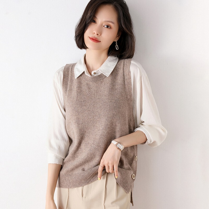 2022 Autumn and Winter New Women's Crewneck Pullover Loose Knitted Sweater Korean-style Three-button Vest 100% Cashmere Sweater