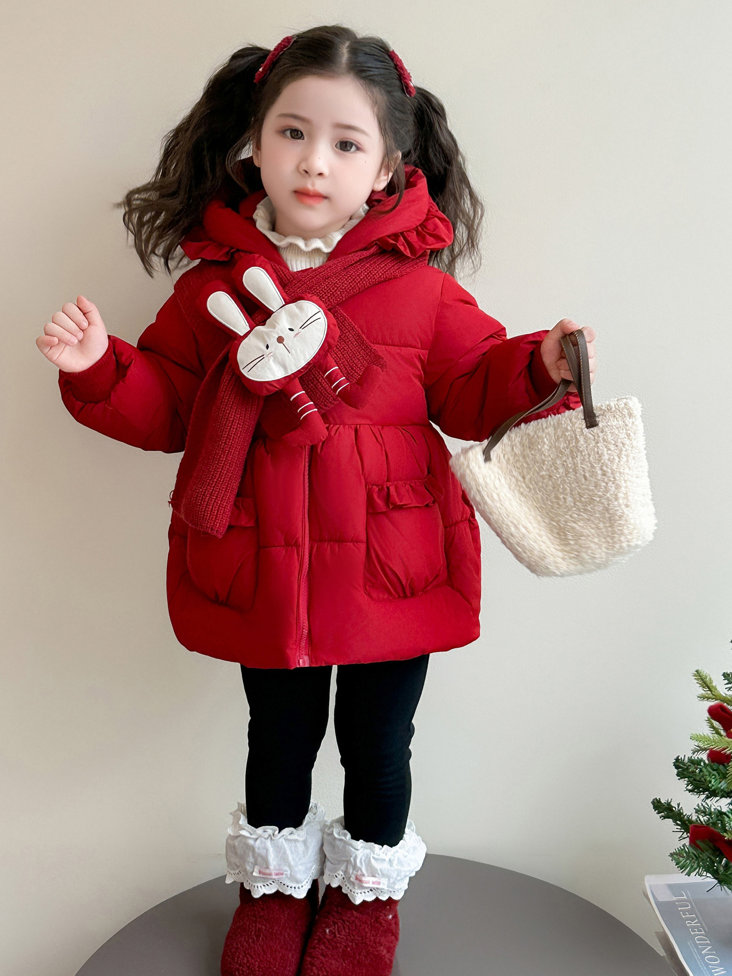 Chaqueta de invierno para niñas 2025 nuevo invierno para niños rojo medio largo bebé grueso abrigo de moda image 4