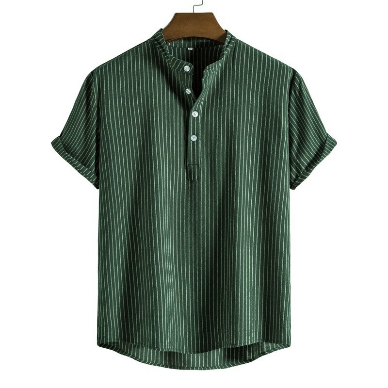 Cross-Border Amazon Summer Men's Shirts, Large Size Men's Cotton and Linen Stand-Up Collar Short-Sleeved Shirts, Foreign Trade Men's Shirts, Short-Sleeved Shirts