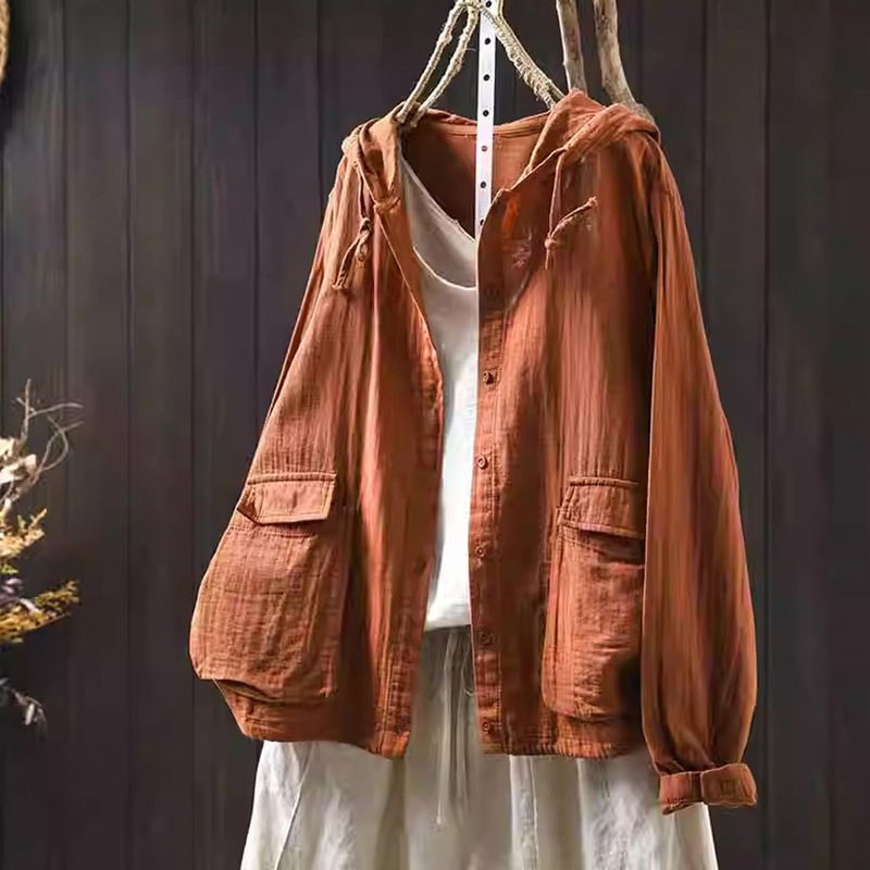 Double-layer Cotton Yarn Hooded Cotton Shirt Jacket Women's Loose Meat Covering 2025 Spring New Casual Large Pocket Top