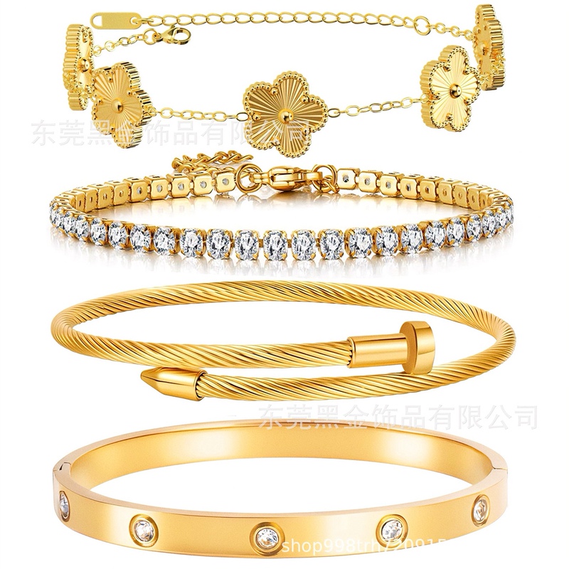 Titanium Steel Five-Leaf Flower Bracelet, Diamond Bracelet, Nail Bracelet, Ten Diamond Bracelet, Four-Piece Set, Non-Fading Set Wholesale