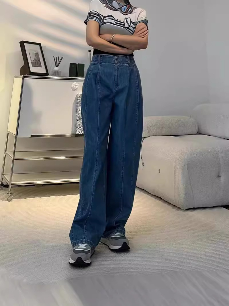 Quần jean nữ ống rộng cạp cao dáng chuối xếp ly denim dễ phối — Màu xanh lam