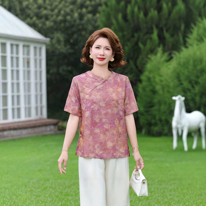 2026 Summer New Style Mom Fashion Chinese Style Women's Short-Sleeve Fashionable Loose Slimming Middle-Aged Chinese Style Blouse