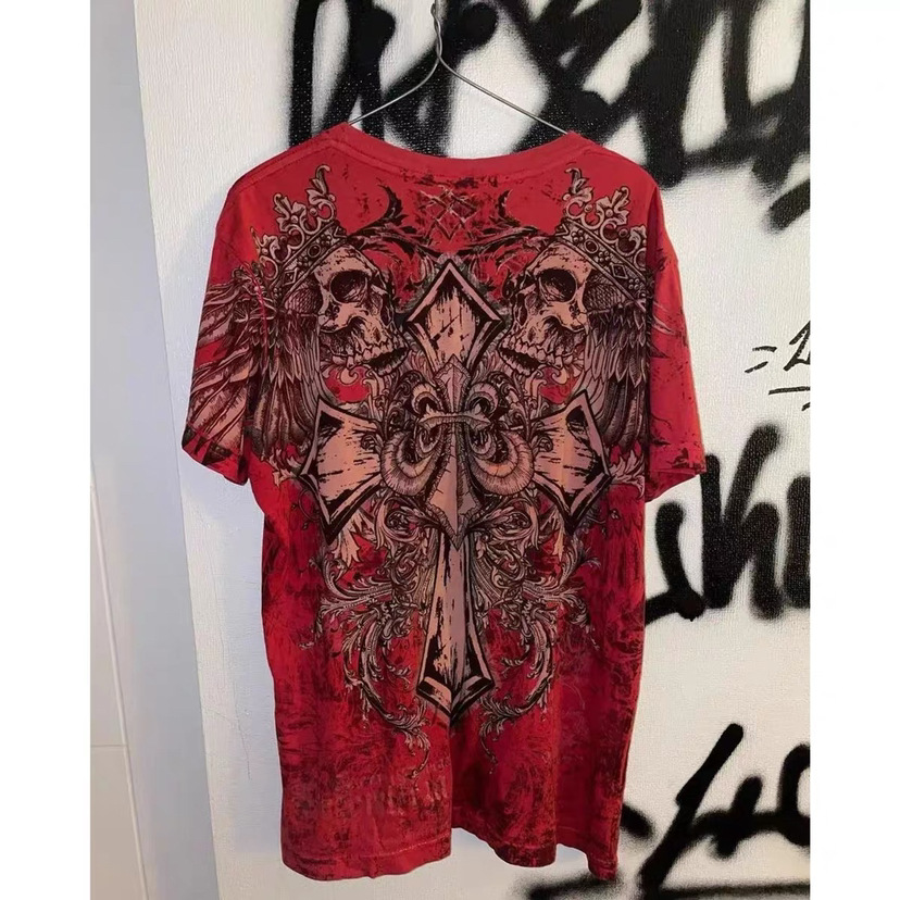短袖2025跨境新款十字架双骷颅头印花T恤上衣百搭潮流圆领上衣