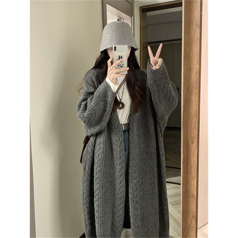 レトロな怠惰な風の麻の花の灰色の厚いセーターのコートの女性の秋冬のゆったりしている新型の中で長いニットのカーディガン|undefined