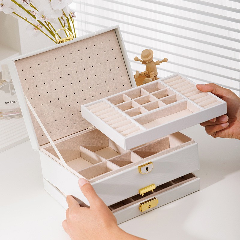 Nueva gran capacidad de cuatro capas caja de joyería caja de almacenamiento de joyería de cuero hogar pendientes anillo caja de almacenamiento de joyería