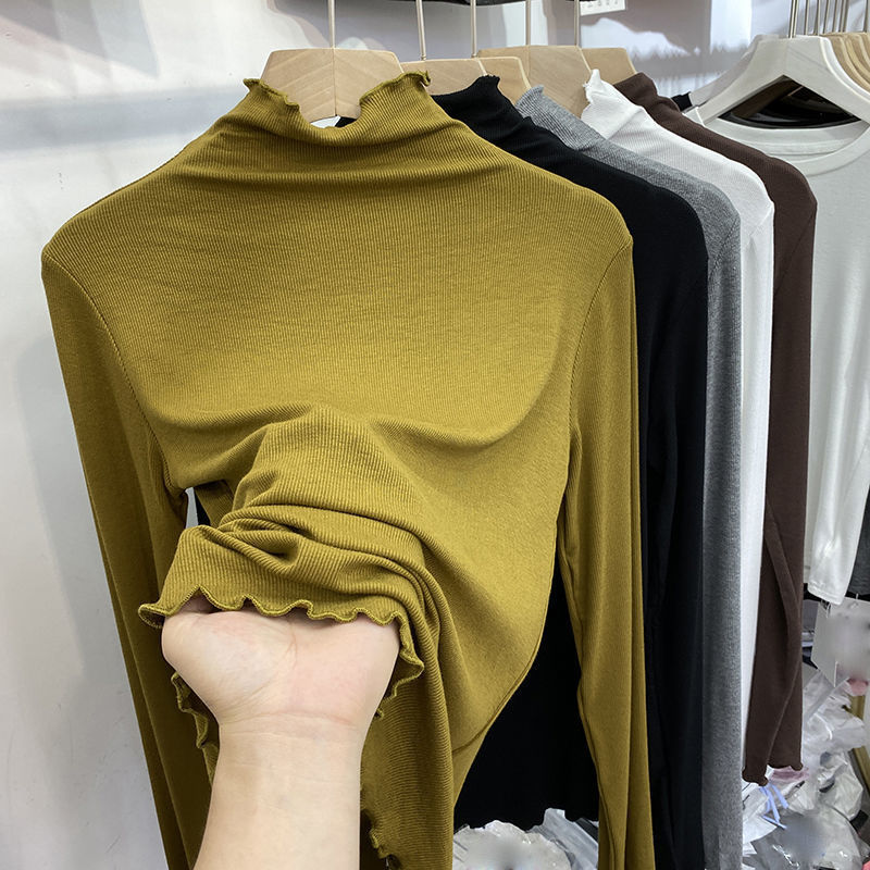 Plus-Size European-Style Half-High Collar Ruffled Base Shirt for Women, Autumn Inner Wear, Stylish Slimming Ribbed Cotton Stretch Long-Sleeve T-Shirt