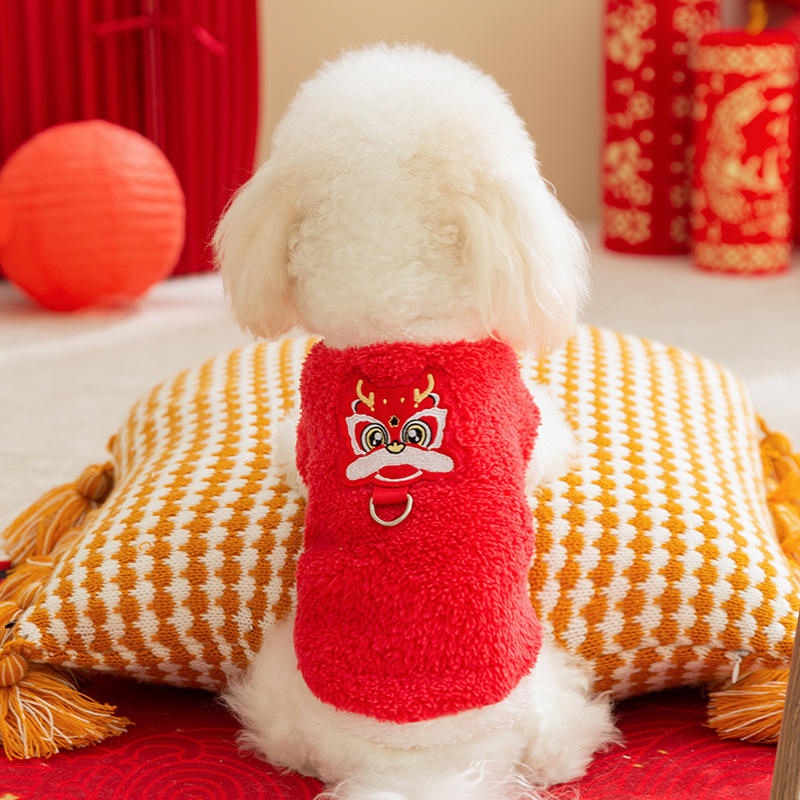 Año Nuevo rojo feliz Año Nuevo pegatinas de camisa de seda de dos patas perros pequeños que osos mascotas perros ropa de gato
